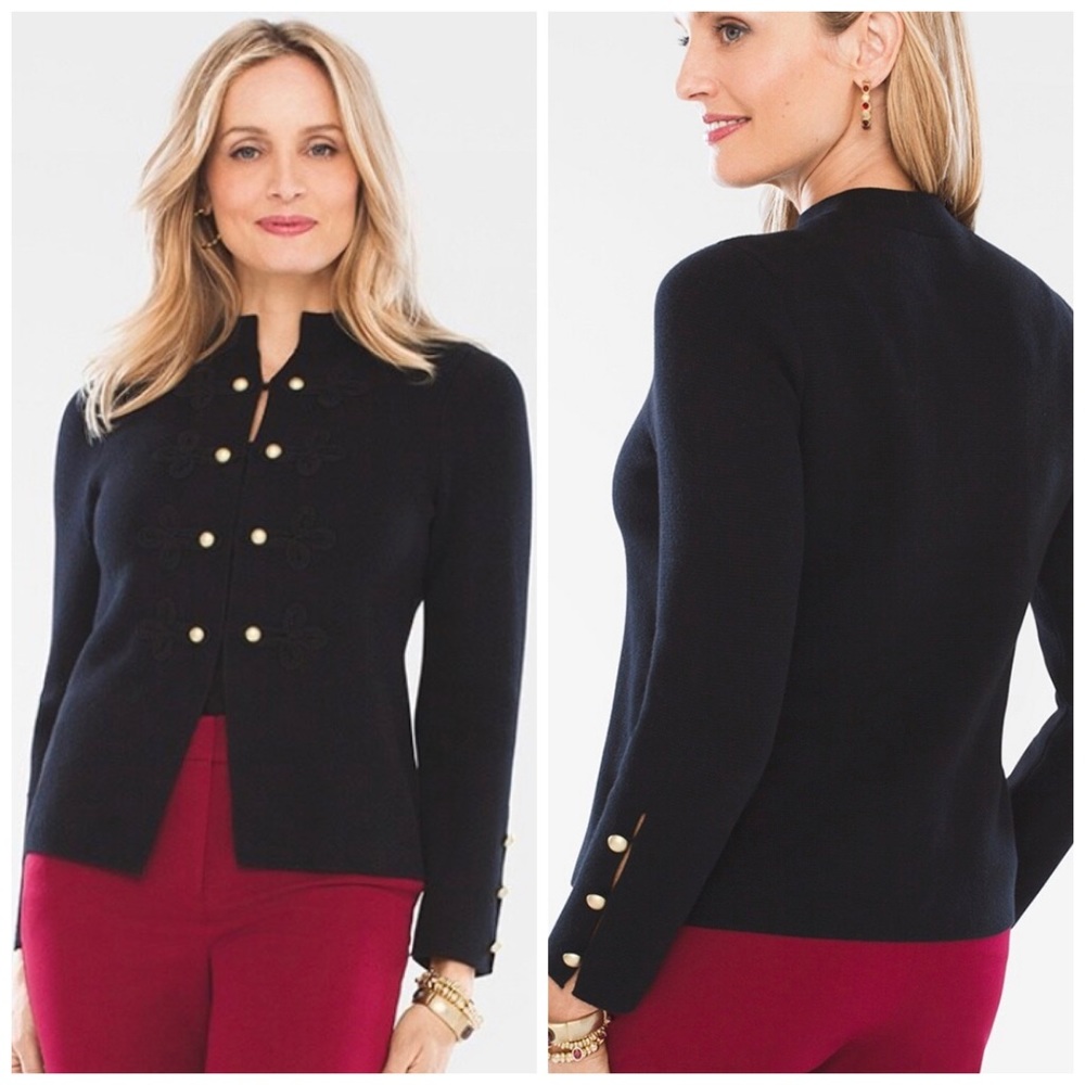 Chico’s Military-Style Black Sweater Cardigan Gold Buttons Size 1 Medium FLAW